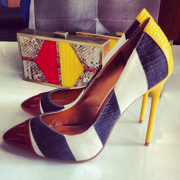 csiriano:  Black and white stripe shoes with red tip and yellow heel, and multicolor
