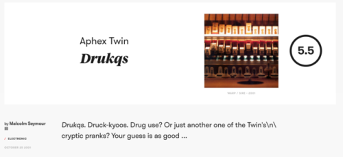 isitbetterthanemotion: Is it better than E•MO•TION?: Aphex Twin: Drukqs Pitchfork rating f