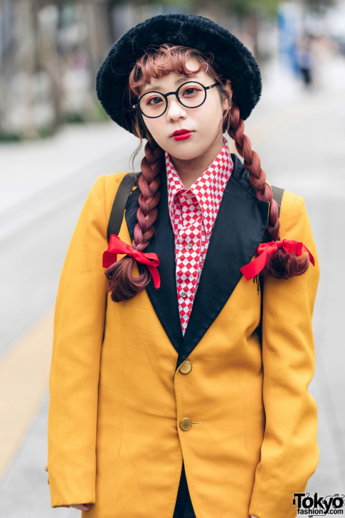 Tokyo fashion students Ibu and Banana on the street in Shibuya wearing mostly vintage fashion includ