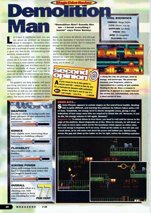  SEGA MegaZone #55, Sep 95 - A review of ‘Demolition Man’ on the Mega Drive. 