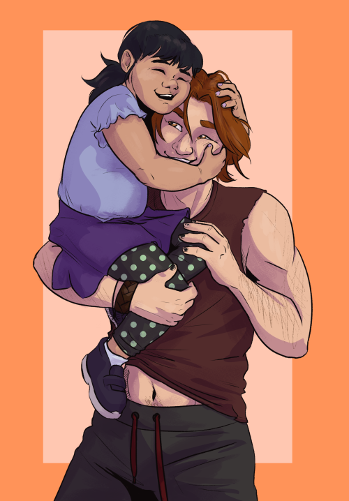 cynric:[Image: a digital drawing of Roy Harper from DC comics holding his daughter Lian, she is a to