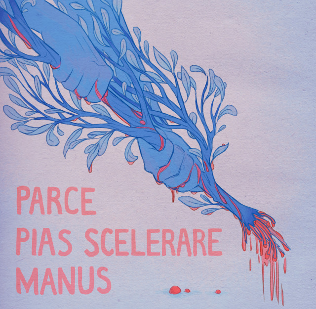 A digital drawing of two hands holding a leafy branch which extends diagonally across the picture. Both are done in shades of blue. In red, trickles and drops of blood run down the branch and pour from its torn end, which seems to have some sort of veins or nerves hanging out of it. Words below in pink read: "parce pias scelerare manus."