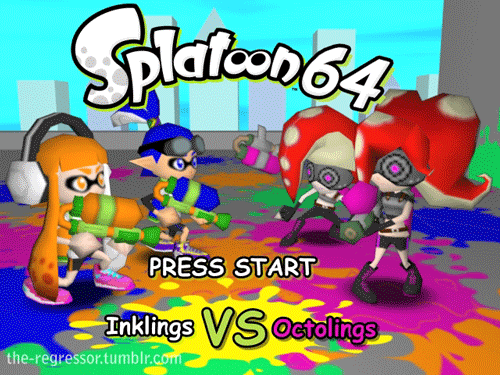the-regressor:  Splatoon 64: Inklings vs OctolingsInklings [here] Octolings [here]Splatoon 64 revolves around the first generation of turf wars between the Inklings and Octolings.  The 4 player multiplayer battles pit 2 squids against 2 Octolings. Players