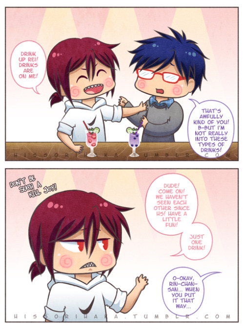 hissorihaka:   Rinrei Week Day 2: Reunited | Drink up!! (っ˘ڡ˘ς)  …Rin never took Rei out drinking ever again… BONUS:  