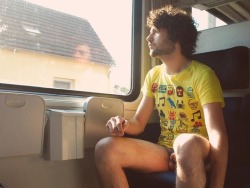 nakedoutdoorguys:  Taking his pants of in the train