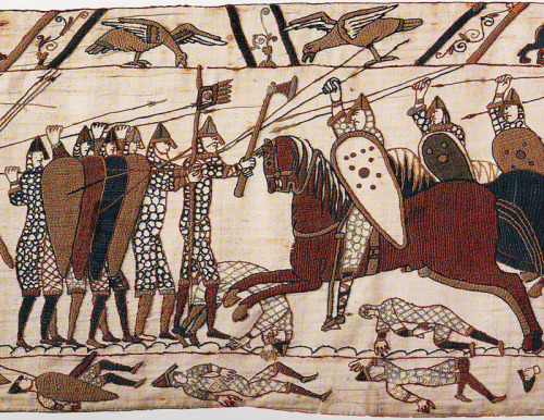 Bayeux Tapestry, depicting the Battle of Hastings, 12th century. Embroidery on linen, 70m (230 ft) l