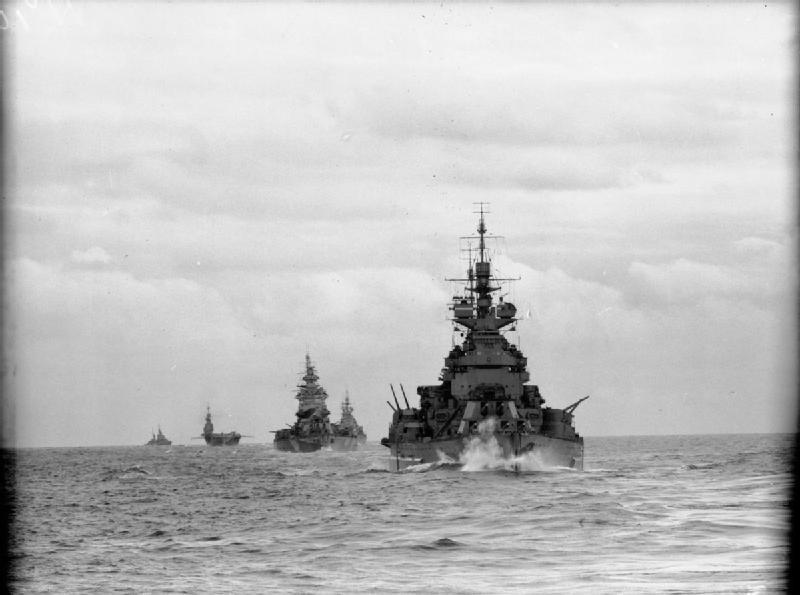 Royal Navy battleship Duke of York leads fellow battleship Nelson, battlecruiser Renown, aircraft carrier Formidable and the cruiser Argonaut during the occupation of French North Africa.