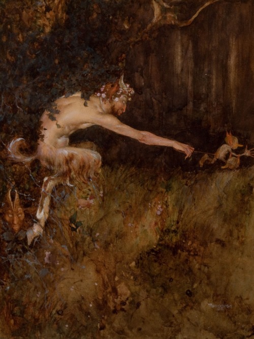 A Satyr Chasing Two Imps.Watercolour and gouache on paper.Art by Gustaf Tenggren.(1896-1970).