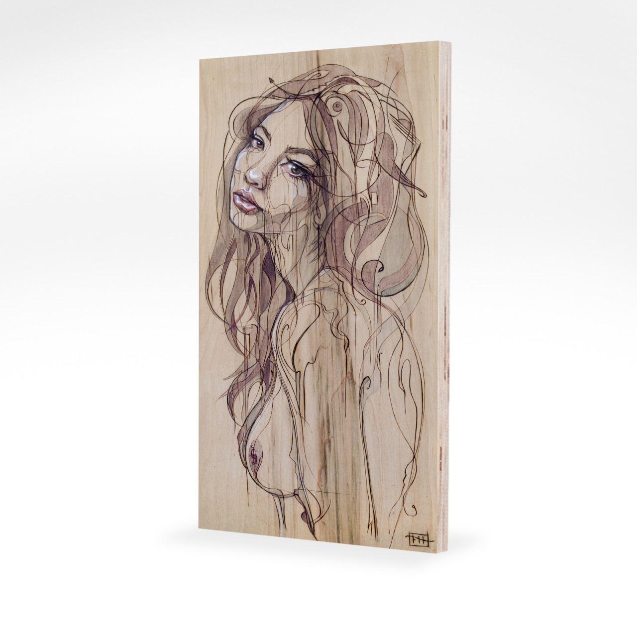 fayhelfer:  &lsquo;Julie' Pyrography and pigments on salvaged cupboard door. Prints!