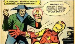 In trying to find examples of Tony having the same sort of issues that Spider-Man does with enemies who love him, I found an enemy who made this “toy” in Tony’s likeness. Comics are weird.(reasuringsoldier)what&hellip;what is that headgear&hellip;?