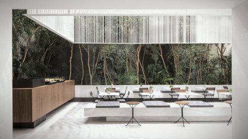 {Love the light and modern feel of the cafe, with a backdrop of plantlife. Designed by Kois Architec