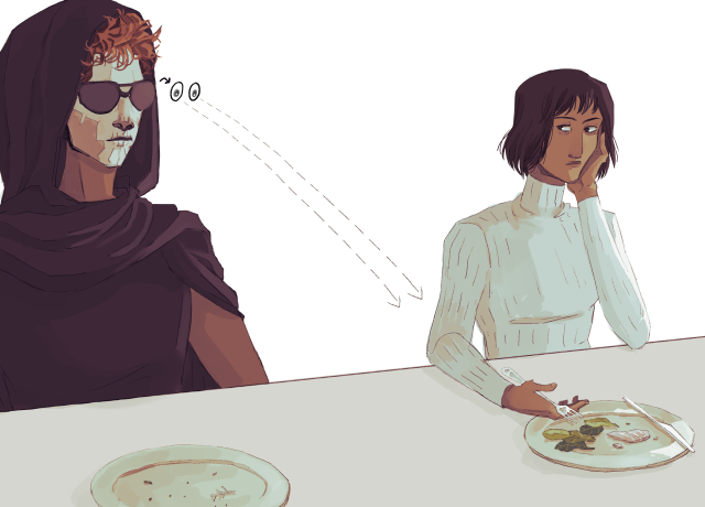 A two panel comic. The first panel is of Gideon and Camilla seated at a table for dinner. Gideon's plate is completely finished up, with only scraps and a piece of bone left on it. Camilla's is almost eaten but there is a bit of meat and salad left on it. Gideon is looking longingly at Camilla's leftover. Camilla glances to her left at Gideon, and catches her watching her plate. She looks bored. Gideon is wearing her sunglasses, an all black outfit with the hood up, and rough face paint. Camilla is wearing a light grey sweater. Gideon has red hair and dark skin with white face paint on her face. Camilla has medium brown skin and dark hair and eyes.