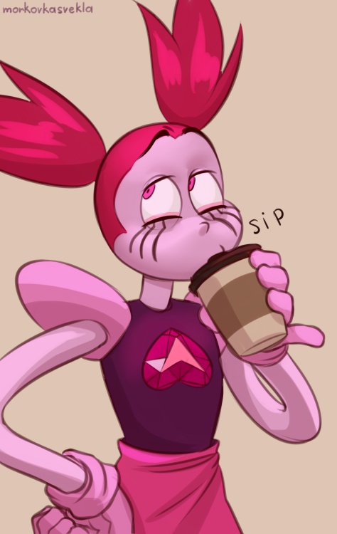 morkovkasvekla: I drew this maybe a year ago or so. Never posted this, but I want to fix that. Spinel is tasting coffee for the first time! Though, I am afraid to imagine what effect caffeine might have on her…  Don’t let her drink more than one