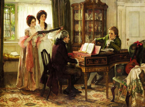 Sheridan at the Linleys (1899). Margaret Isabel Dicksee (British 1858-1903). Oil on canvas.In B