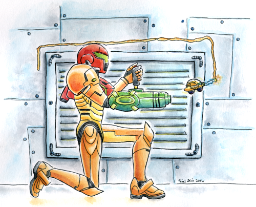 This is my part of the art trade with SpudNoxious; my prompt was to showcase Samus with an item or u