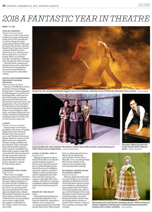 Clippings on December 22, 2018.(1) Le Journal de Montreal: The 10 successful plays of 2018 (2)&