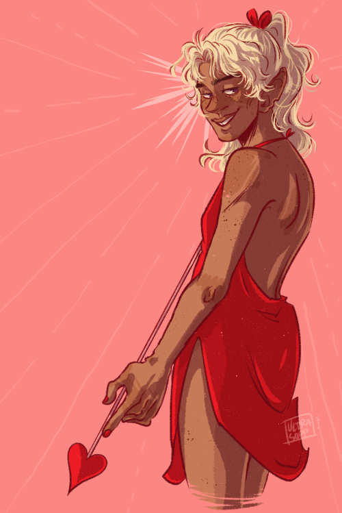 its valentines day boys! this goes out to the woman i love[ID: drawing of lup, a tan elven woman wit