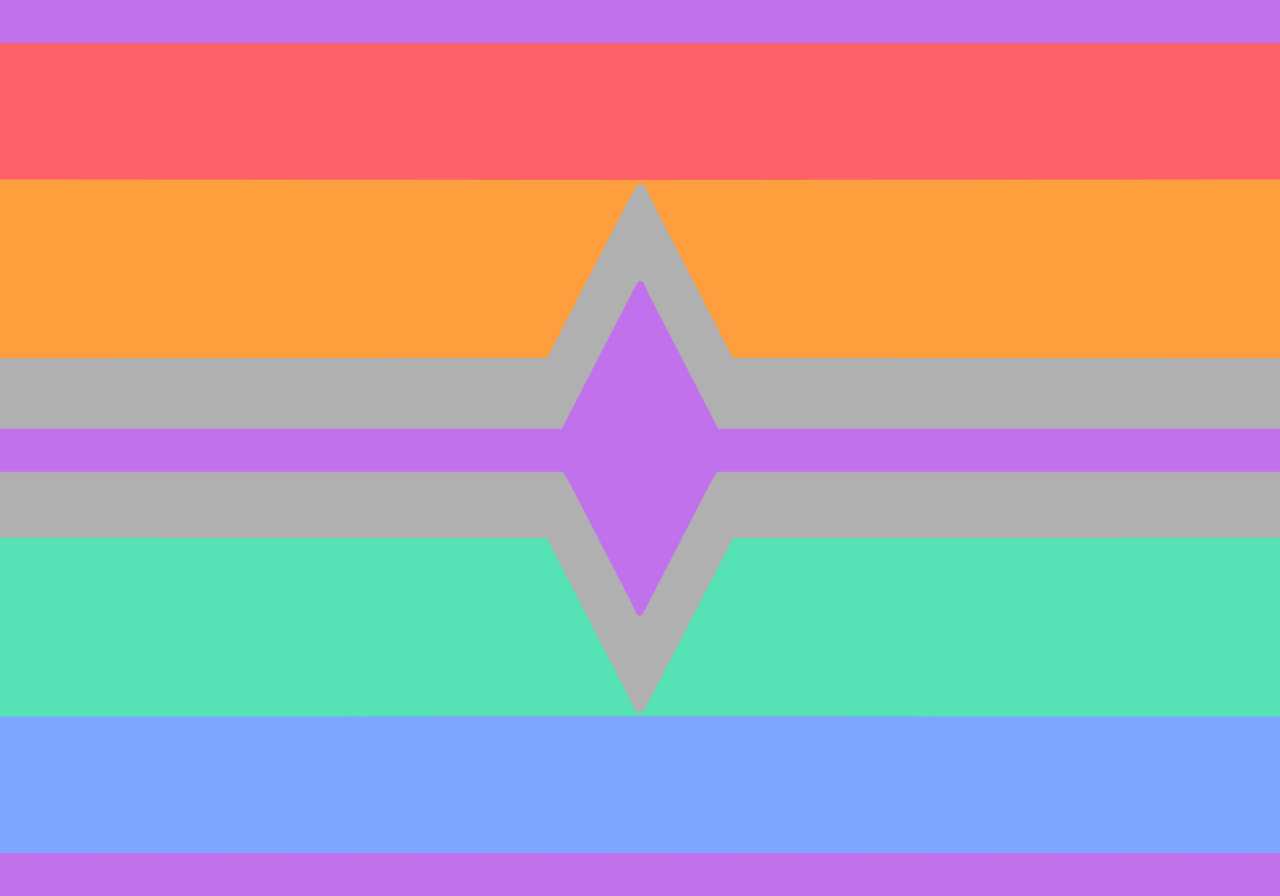 The nexopronoun flag. It has 5 stripes and they are pink-red, orange, gray, blue, and teal. There is a gray triangle in the middle of the flag with a smaller purple triangle within it. There are horizontal thin purple stripes in the middle, top and bottom of the flag.