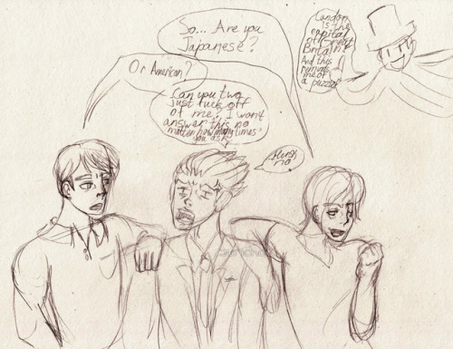juricha-art: My old art. Some dumb doodles featuring NaruMayo watching Plumed Punisher, two old lawy