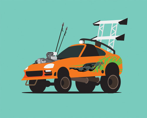 tastefullyoffensive:  scottparkillustration:  More Mad Max movie cars. This time, Breaking Bad, Akira, Fast and The Furious, Jurassic Park, Speed Racer, James Bond, Knight Rider and Arrested Development take a drive down the Fury Road. Who should I do