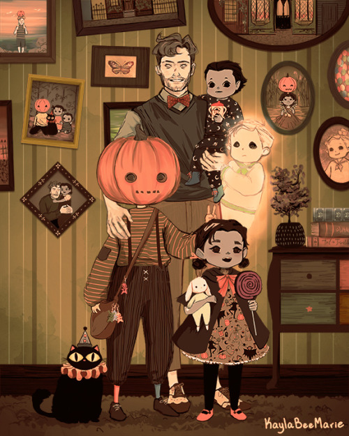 kaylabeemarie:  Found family, but make it Halloween🥺🎃 I haven’t been posting here very often but I wanted to share this zombie dad, his four kids, and their clown cat that I’m currently obsessed with🧡 Mini comics can be found over on my