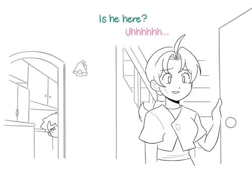 Delia nervously holds the door open and in the background, we see Ash peeking out slightly from the kitchen doorway
Gabby: Is he here?
Delia: Uhhhh...