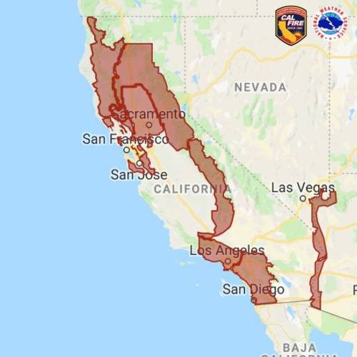 From the Cal Fire Facebook page:A #RedFlagWarning has significantly increased in size, now spanning 