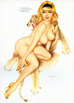 lovethepinups:  Alberto Vargas - January 1966 Playboy Magazine Vargas Girl - “He only needed one shot for the leopard, but it took most of a fifth to get me.”