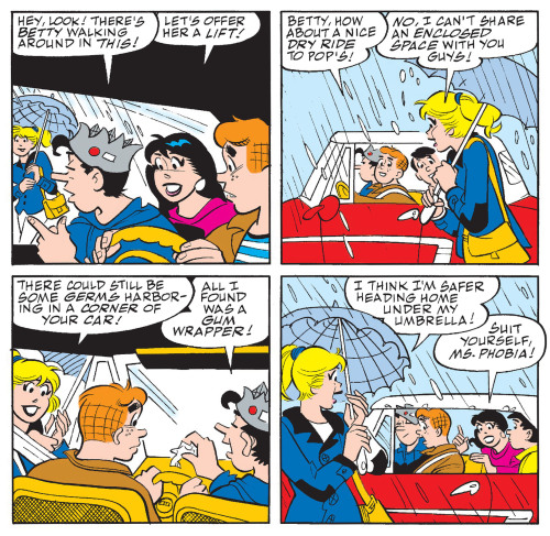 bonkalore:bughead-in-the-comics:Jughead spots Betty as she walks along the rainy streets of Riverdal