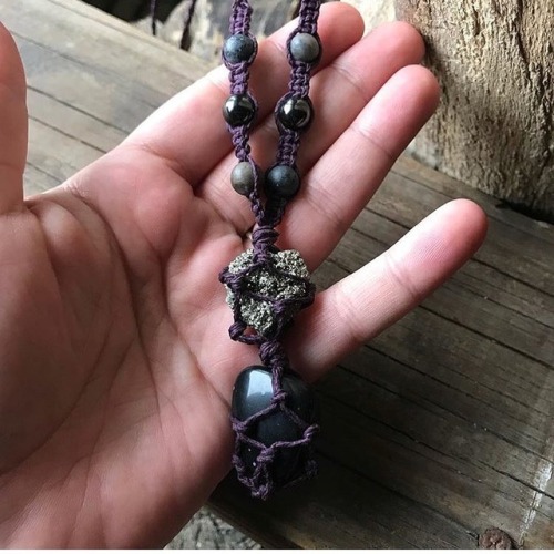 Burgundy hemp wrapped snowflake obsidian and pyrite necklace with hematite accents . . . #snowflakeo