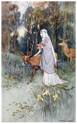 dlk26589:  “The dun deer wooed with manner bland and cowered beneath her lily hand.”  Color process illustration by Warwick Goble for The Book of Fairy Poetry, published in 1920.