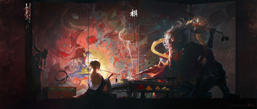 Theartofmany:  Artist:  Lin .Title:  夜雨青灯画鬼狐_棋“夜雨青灯画鬼狐_棋人生如棋，暗藏杀机有时候不得不对抗比你强大得多得“对手”Ins: