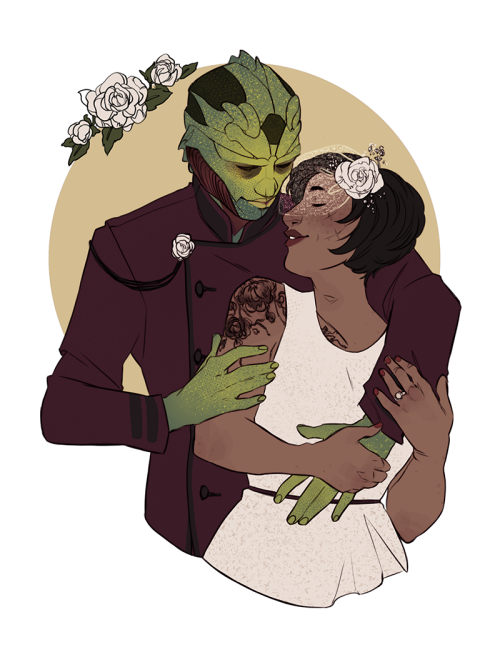 styliferous:Commission for @commander-shakarian of their Shepard and Thane! A wedding picture, no le