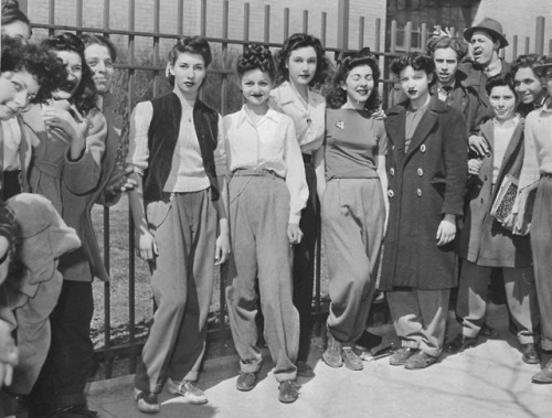 historicaltimes:Protesting the high school dress code that banned slacks for girls, Brooklyn c.1940 