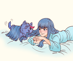 herokick:  KlK Fluffy la Scruffy AU (•xω⊙•)After another long day presiding over Honnouji Gakuen, an exhausted Satsuki flops on her bed. A scruffy Canis Lupus Familiaris greets her.“You little rascal…you know..you’re the only one allowed