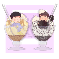 artokiddo:  commission for @creamphilled!  dan and phil with her favorite ice cream flavors, banana and cookies &amp; cream   🍨  