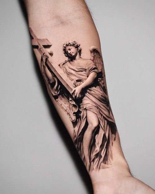 Amazing cross angel tattoo by Gody Tattoo @gody_tattoo !