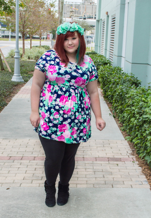 theprintfiend:  OOTD: Flowers and Polkadots Dress: boohoo, leggings: Forever21+, flower crown: Forever21, boots: Target <3 