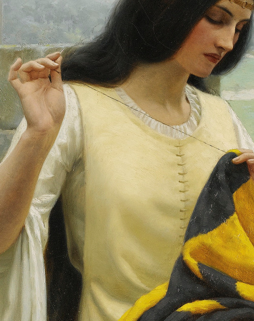 greuze: Edmund Blair Leighton, Stitching the Standard (Detail), 19th Century