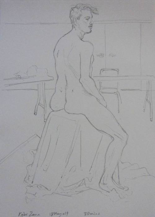 Life Drawings from yesterday, 18 May 2019, at Eureka Valley Recreation Center.  The model is Kobi Za