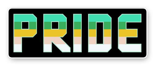 [image description: four block text banners of the word “pride” in a squared-off text, coloured in f