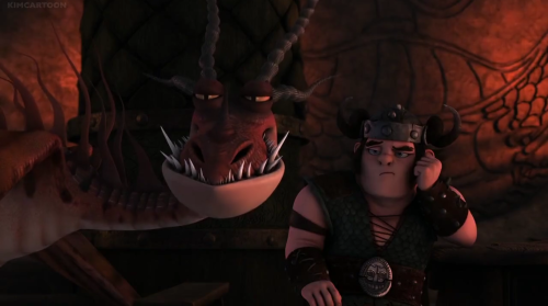a screencap of Snotlout and Hookfang sitting with judgemental/uninterested expressions on their faces.