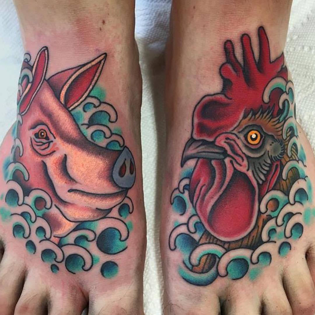 Pig n rooster tattoo by Matt at Remington tattoo in San Diego CA  r tattoo