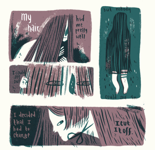 wishbow:  A very small comic I did about hair to practice a new style of color. 