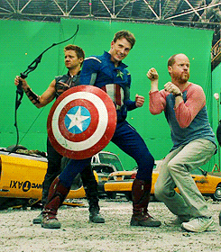 alphalewolf:  Chris Evans on the set of The Avengers. 