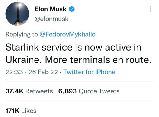 Elon Musk's tweet reads: Starlink service is now active in Ukraine. More terminals en route.