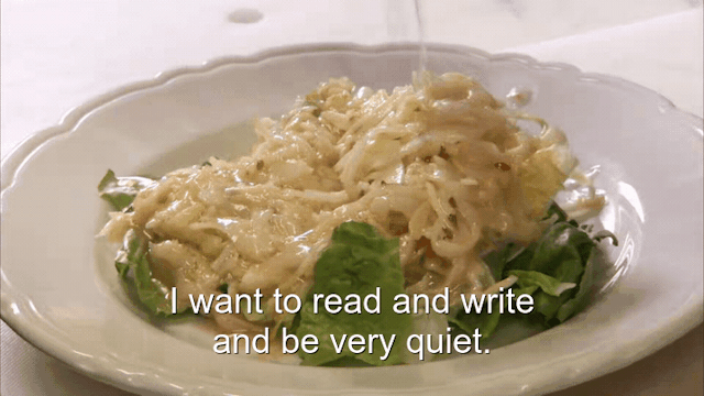 96% sure it's a bowl of food on a plate. Caption: I want to read and write and be very quiet.