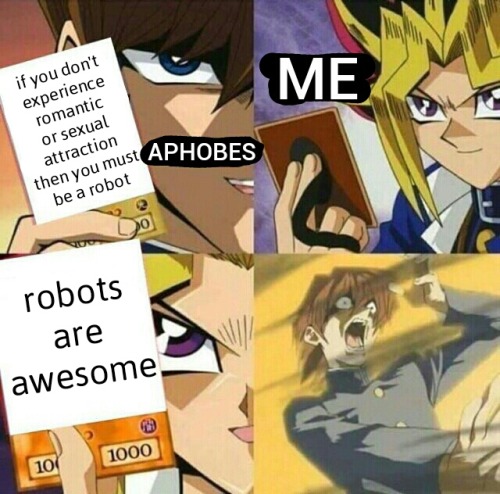 [ID: A 4 panel meme. Kaiba from Yu-Gi-Oh, labelled “aphobes,” holds up a card that says 