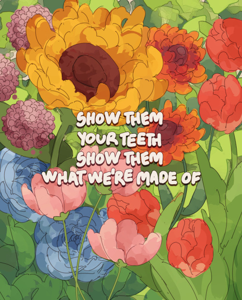 clover-core:wrath [image description: a drawing of colorful flowers growing among lush greenery, wit