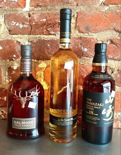 three-martini-lunch:  Whiskeys! Yamazaki 18 yr single malt, Penderyn Welsh single malt and the Dalmore Gran Reserva.